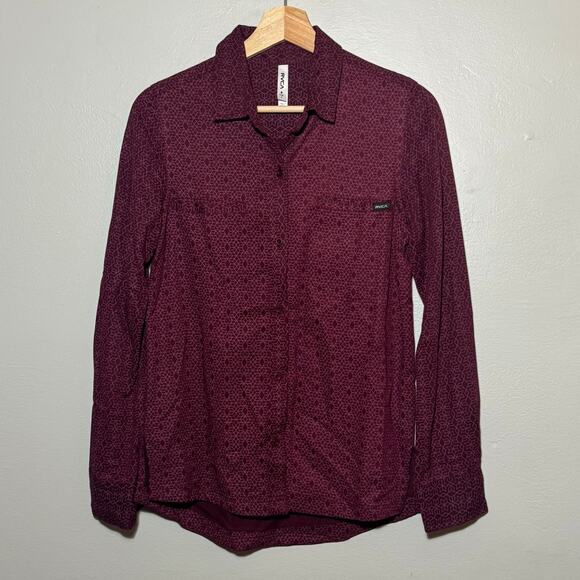 Women's Size S RVCA Trader Shirt Long Sleeve Burgundy Rayon Geometric Button Up - Picture 1 of 7